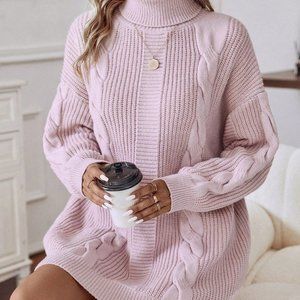 Baby Pink Casual Womens Turtleneck Cable Knit Drop Shoulder Sweater Dress